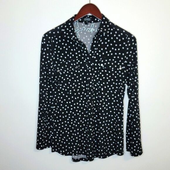 Jones New York Black and White Polka Dot Roll Tab Sleeve V-Neck Top Size Small - Picture 1 of 9